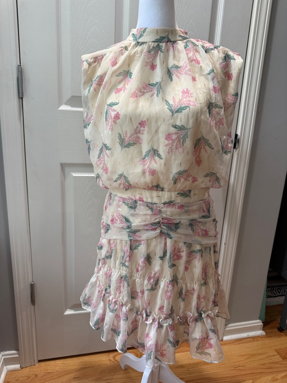 TCEC Cream Dress with Pink Floral Print and Green Leaves